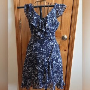London Times Navy Blue & White Assymetrical Ruffle Sleeveless Dress Women's Sz 4